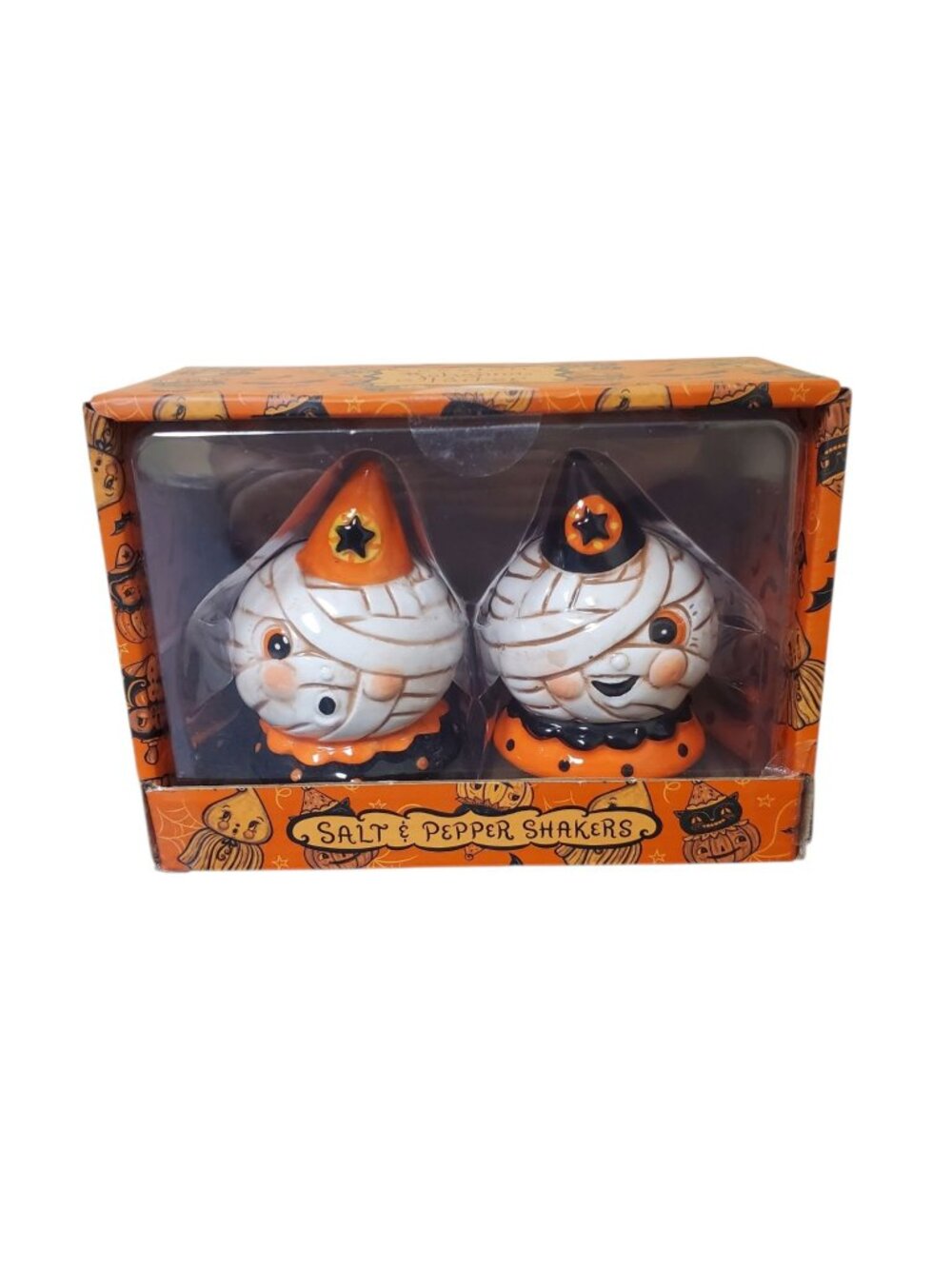 Johanna Parker Vintage Halloween Ceramic Mummy Pumpkin Salt Pepper Shakers NEW